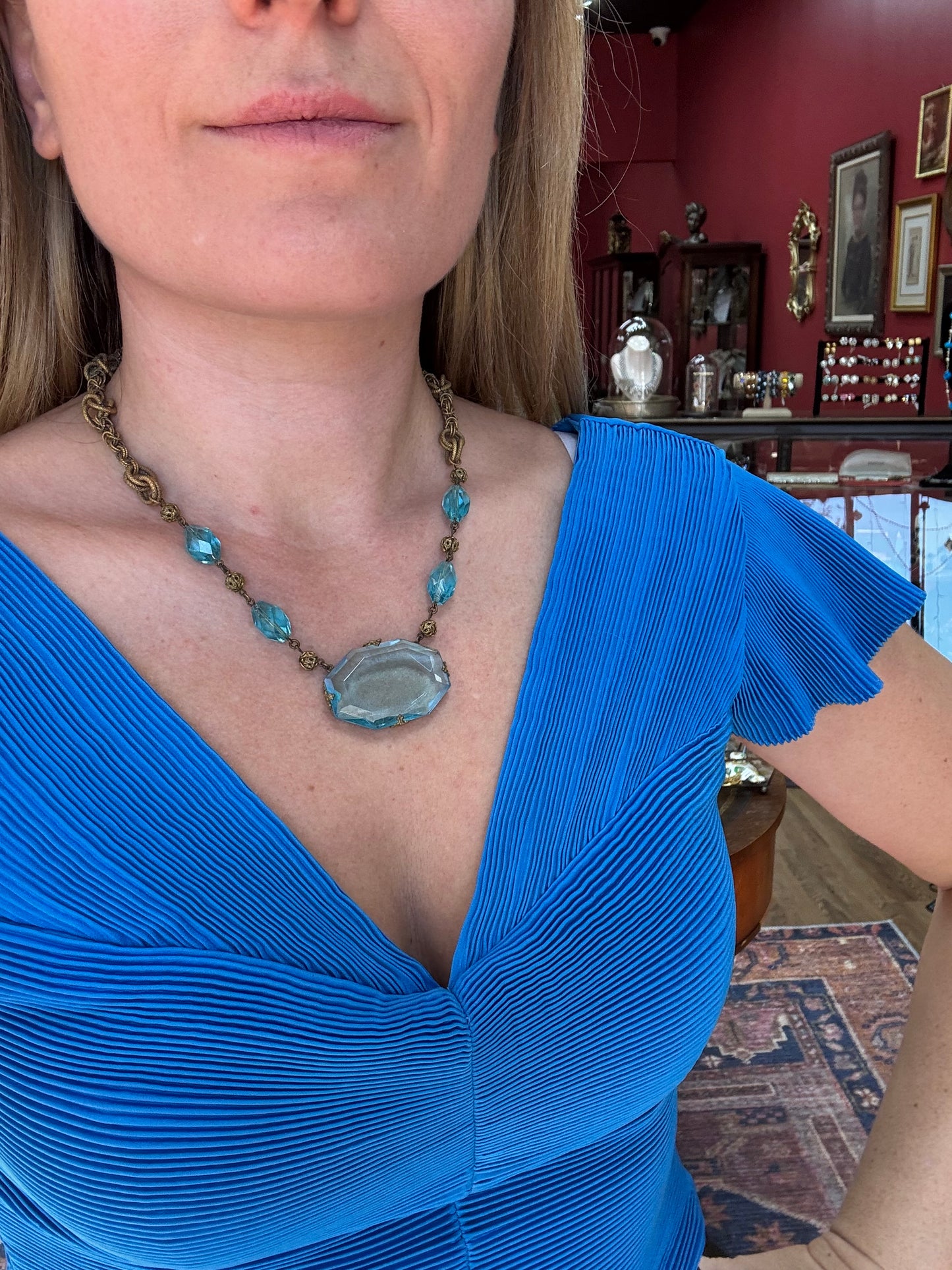 Antique Blue Czech Large Glass Pendant Necklace 1920s