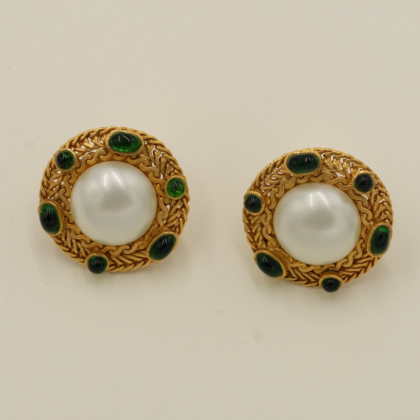 Vintage Chanel Round Pearl Green Gripoix Earrings 1990s