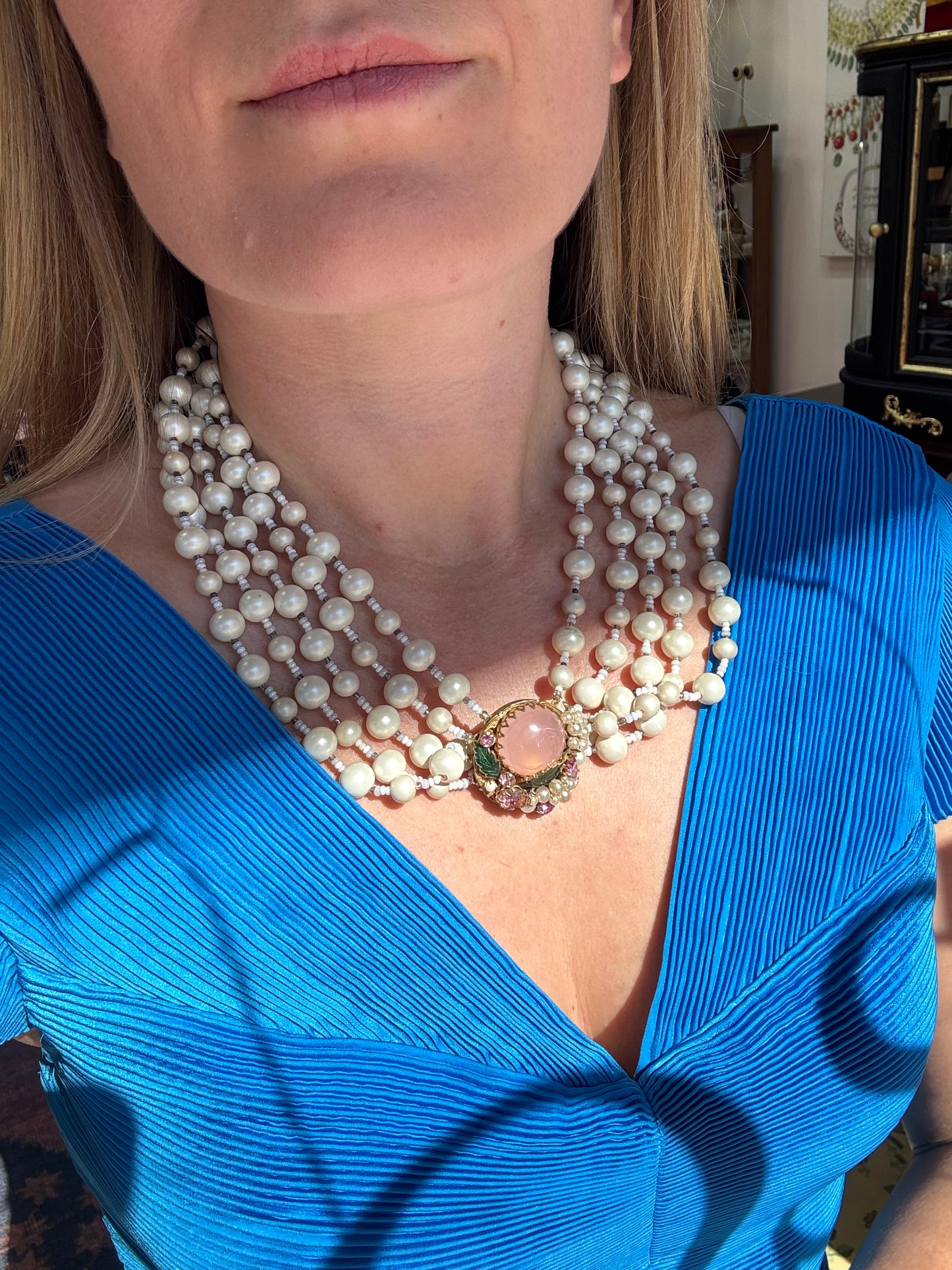 Miriam Haskell 5 strand matte pearls with large pink clasp necklace 1960s