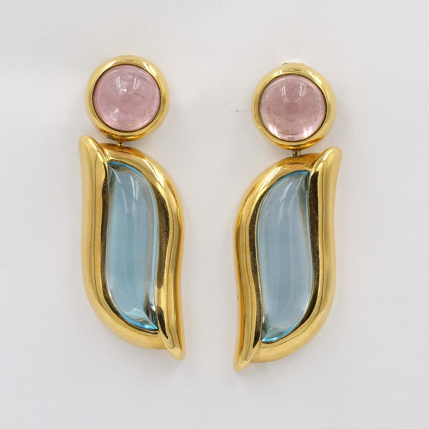 Vintage 18K Gold Pink Quartz and Blue Topaz Pierced Earrings