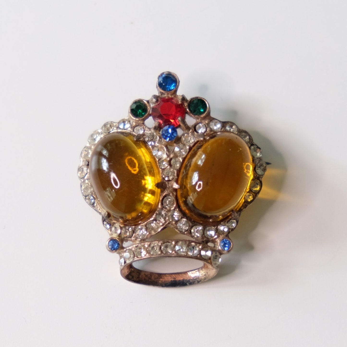 Amber Glass Cabochon Sterling Crown Pin 1940's