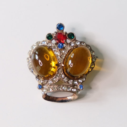 Amber Glass Cabochon Sterling Crown Pin 1940s