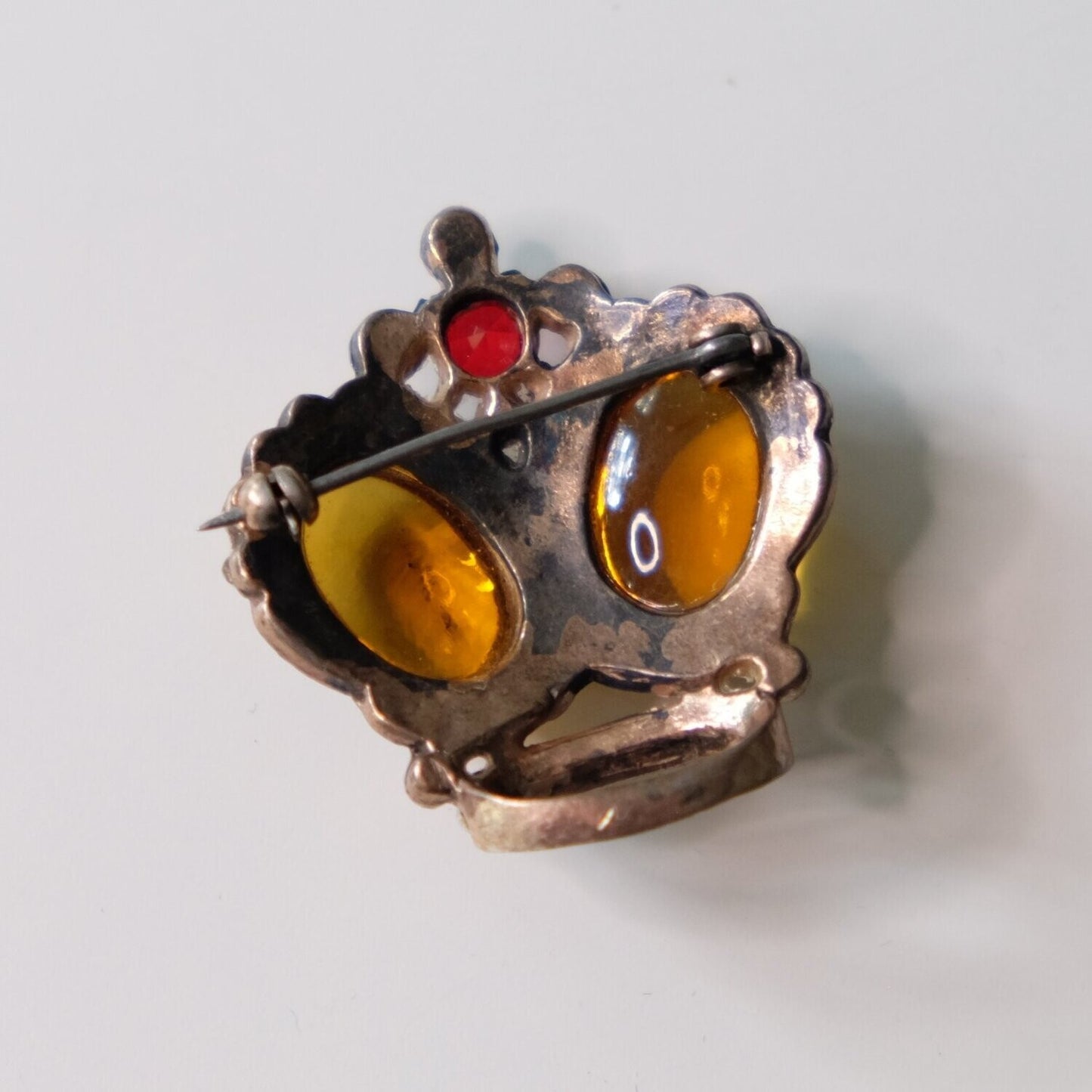 Amber Glass Cabochon Sterling Crown Pin 1940s