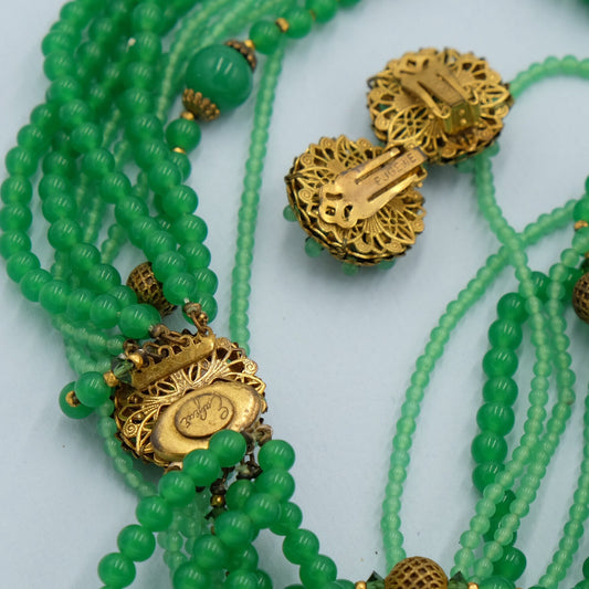 Green Glass Necklace and Earrings by Eugene 1950s