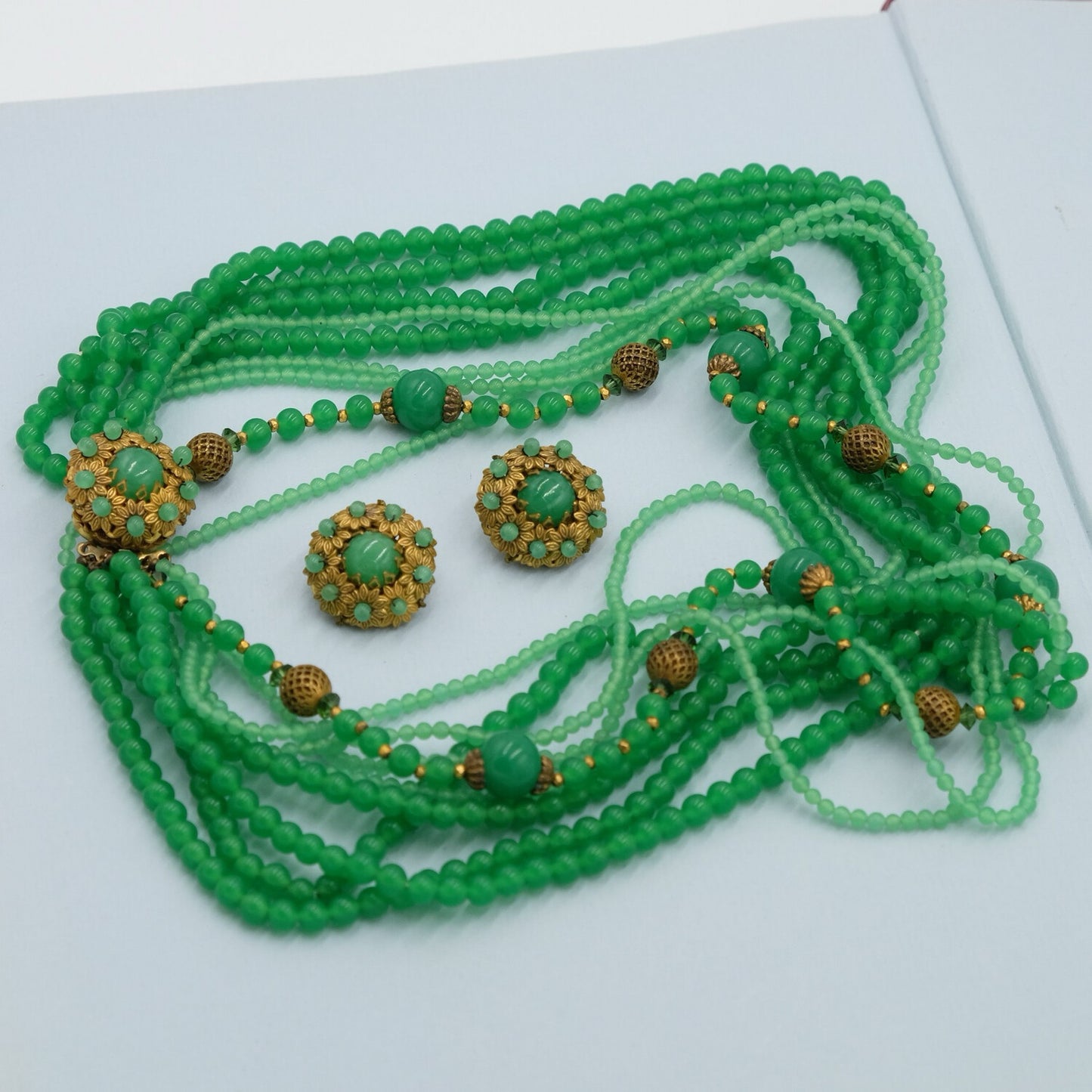 Green Glass Necklace and Earrings by Eugene 1950s