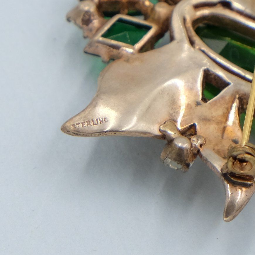 Vintage Retro Sterling Green Glass Brooch 1940s