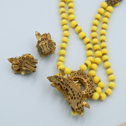 DeMario Yellow Glass Set Necklace and Earrings 1950s