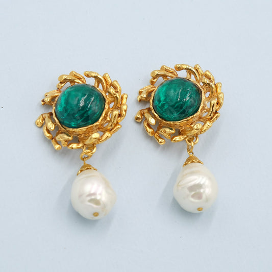 Vintage Philippe Ferrandis Earrings with Green Glass and Pearl Drop 1990's