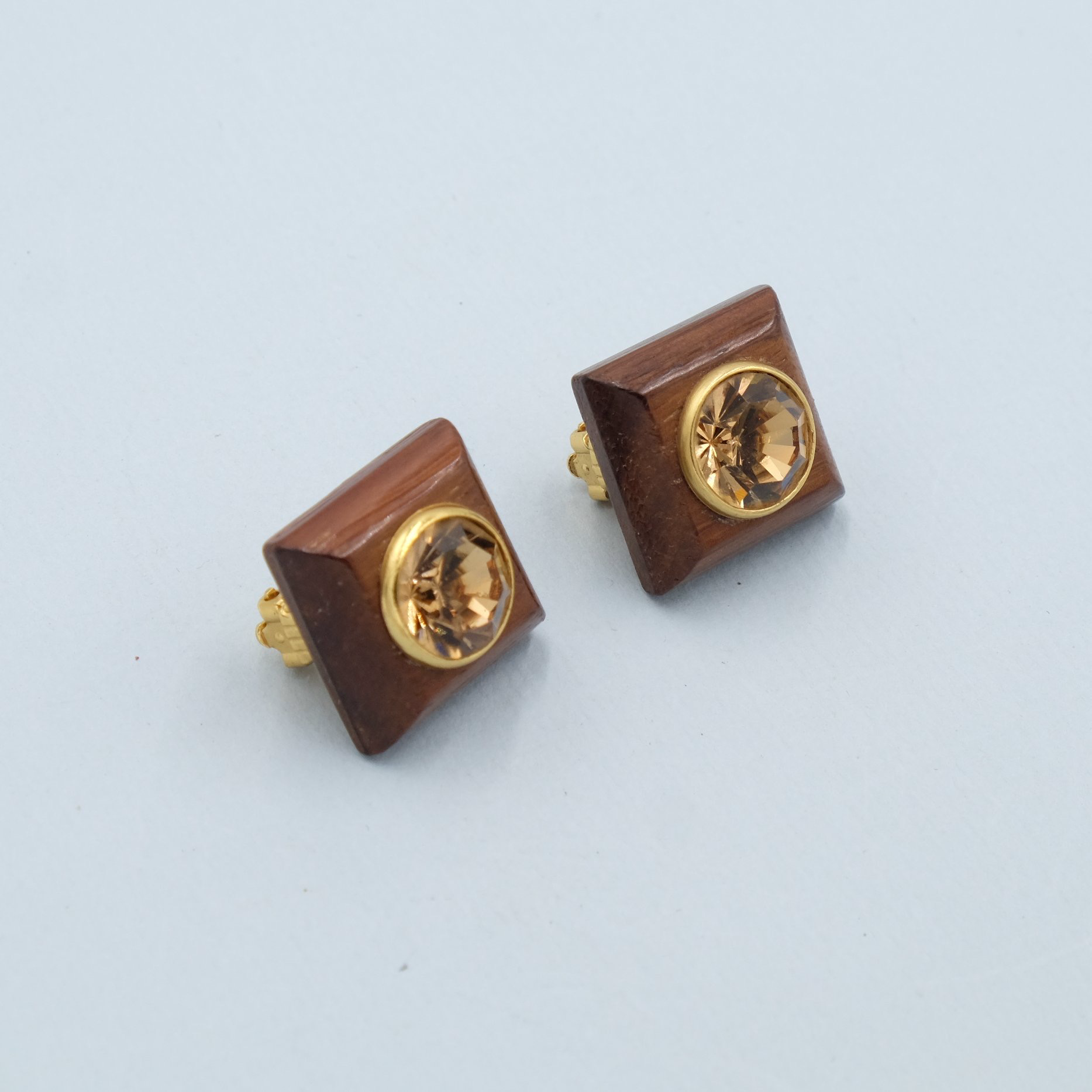 Vintage YSL Wooden and Glass Topaz Earrings 1980s