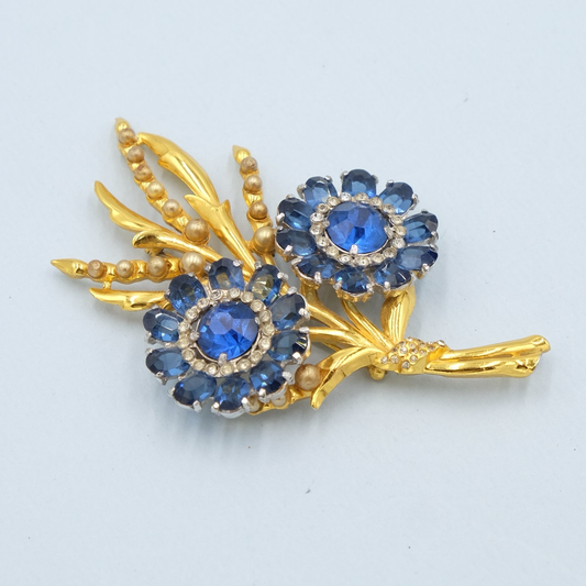 Large Coro Blue Flower Pin 1940s