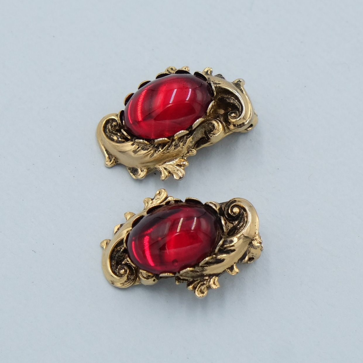 Vintage Red Glass Cabochon Baroque Earrings 1980s