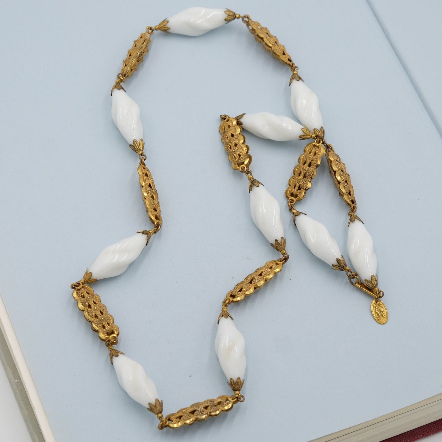 Miriam Haskell White glass long necklace gold filigree 1960s
