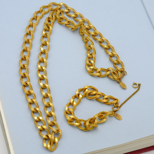 Miriam Haskell Gold chain Set Necklace and Bracelet 1970s