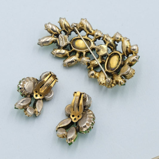 Vintage Elsa Schiaparelli Green Lime Set Pin and Earrings 1950s
