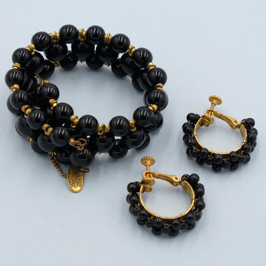 Miriam Haskell Black Glass Bracelet and Hoop Earrings 1960s