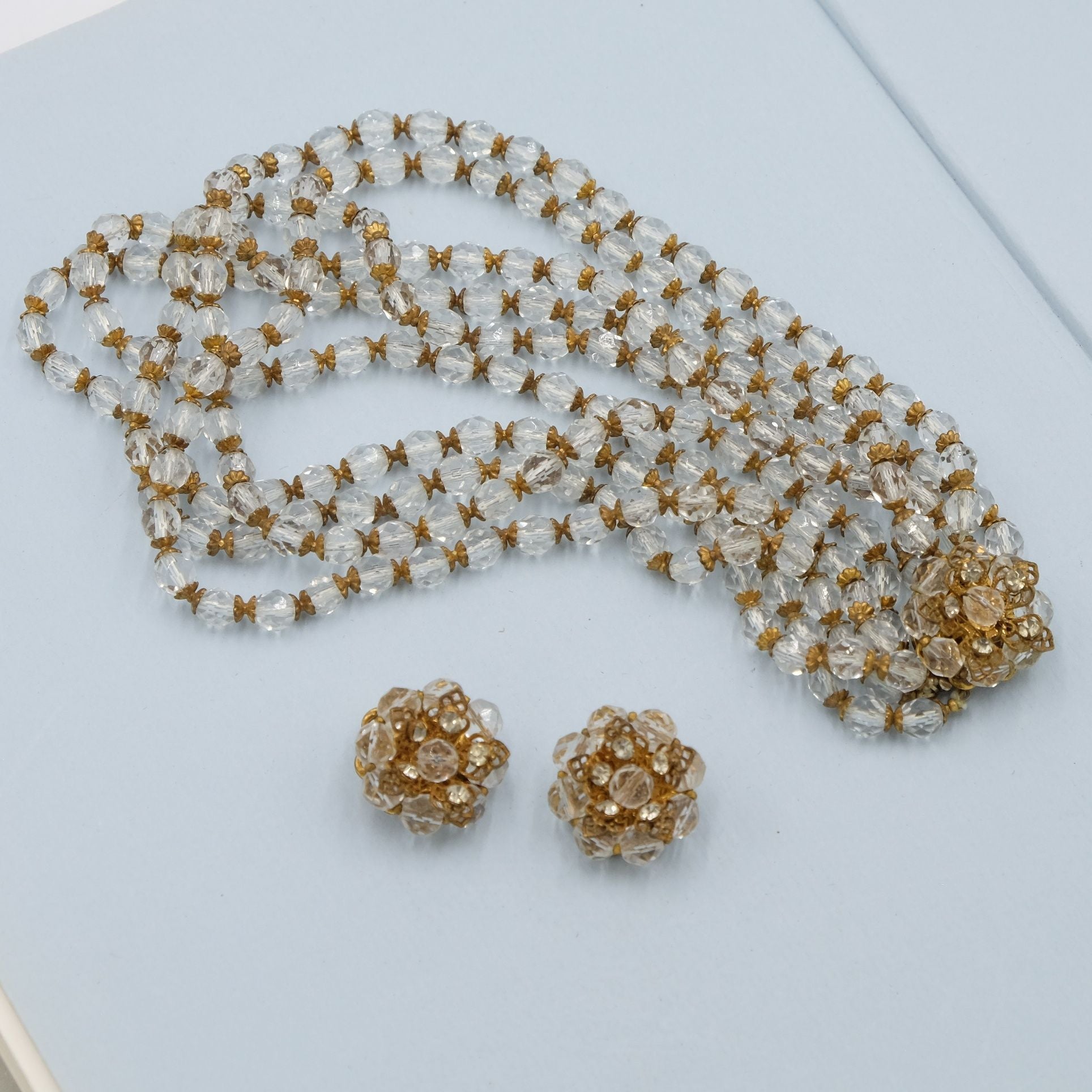 DeMario 5 strand Clear Necklace and Earrings set 1950s