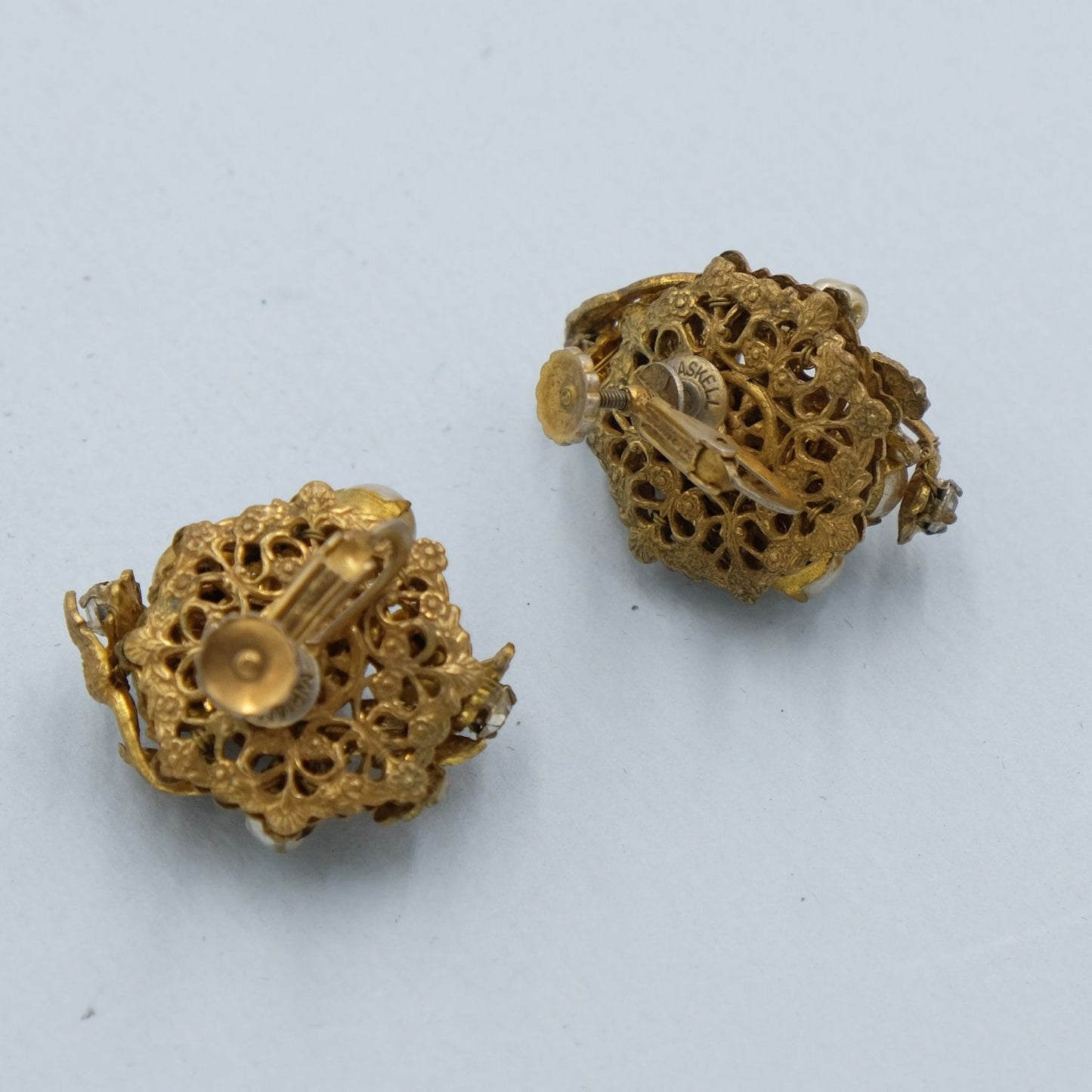 Miriam Haskell Gold Leaves Faux Pearl Earrings 1950s