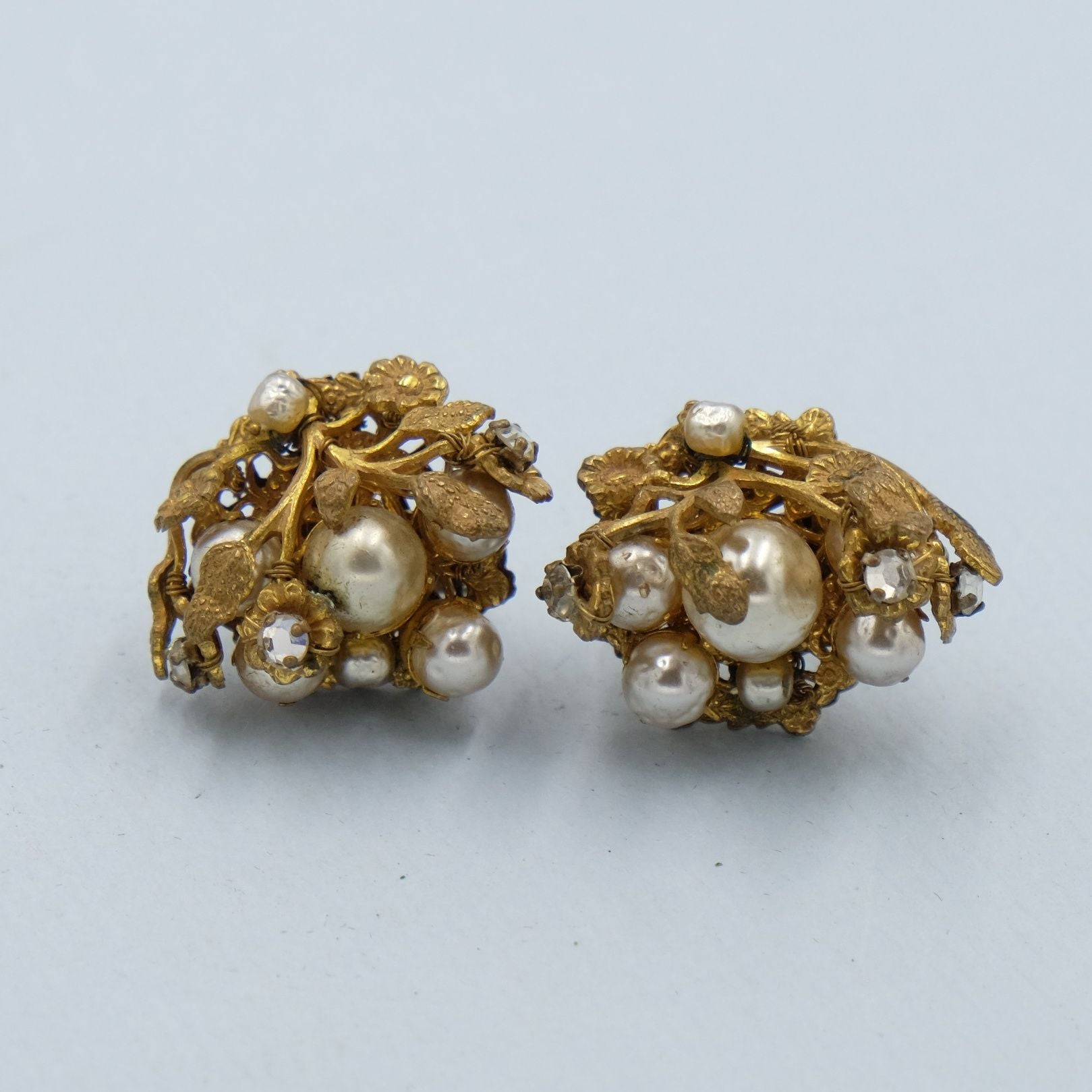 Haskell Gold Leaves Faux Pearl Earrings 1950s
