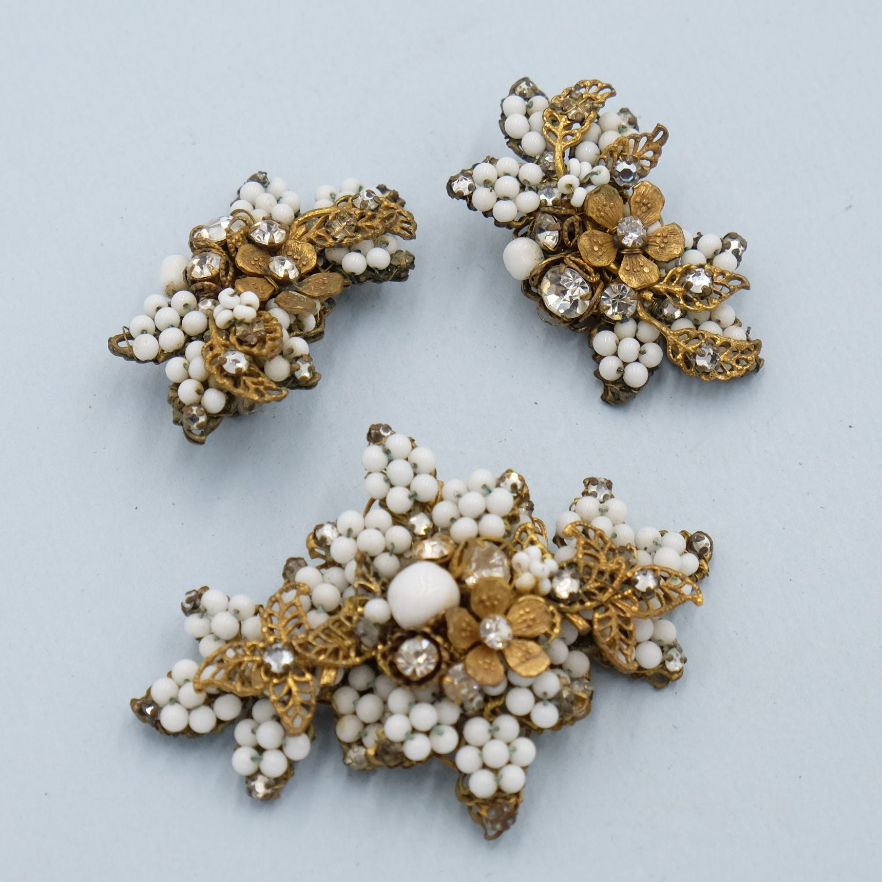 DeMario White Beads Brooch and Earrings Set 1950s