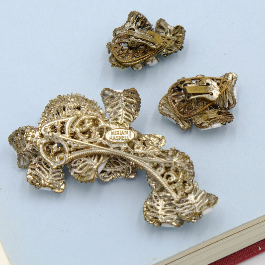 Miriam Haskell Set With Rose Monte Brooch and Earrings 1950s
