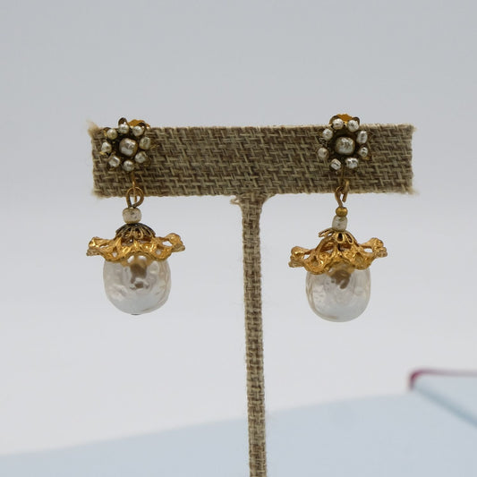 Miriam Haskell Dangle Pearl Filigree Earrings 1960s