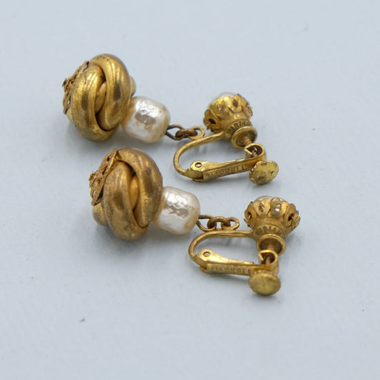 Miriam Haskell Dangle Earrings Twisted Gold Pearl Earrings 1960s