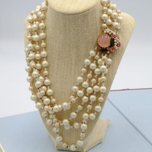 Miriam Haskell 5 strand matte pearls with large pink clasp necklace 1960s