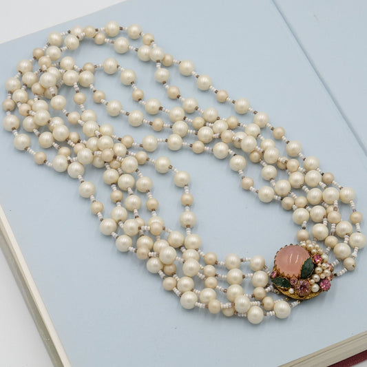 Miriam Haskell 5 strand matte pearls with large pink clasp necklace 1960s