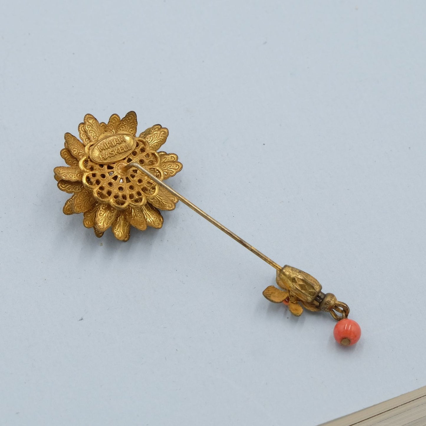 Miriam Haskell Stick Pin Coral Glass Flower 1950s