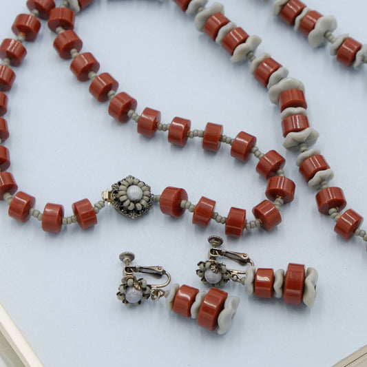 Vintage Miriam Haskell Carnelian Grey Plastic Beads Necklace and Earrings 1970s