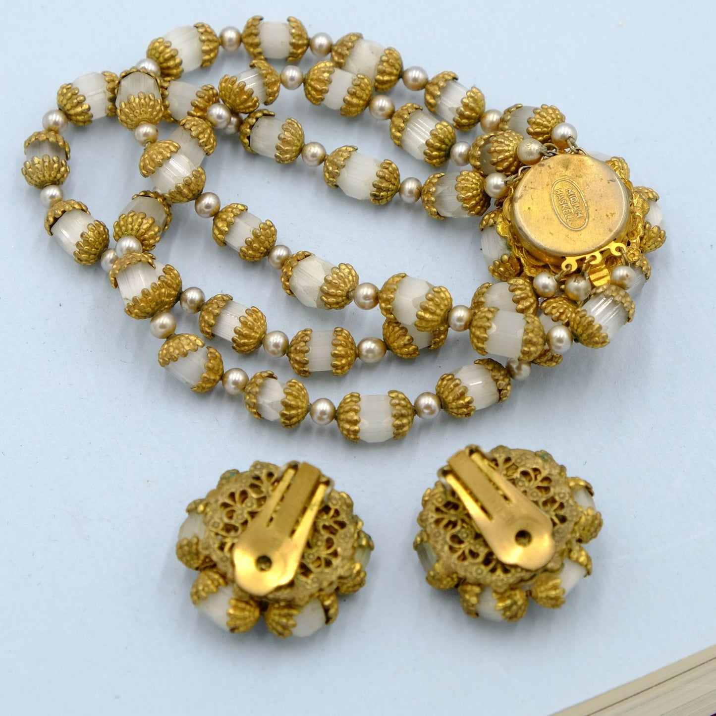 Miriam Haskell Satin Glass Set Bracelet and Earrings 1960s