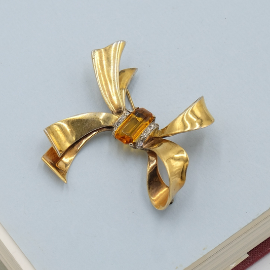 Trifari Sterling Bow Pin with Faux Citrine 1940s