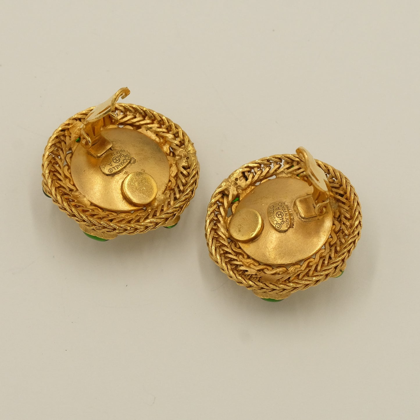 Vintage Chanel Round Pearl Green Gripoix Earrings 1990s