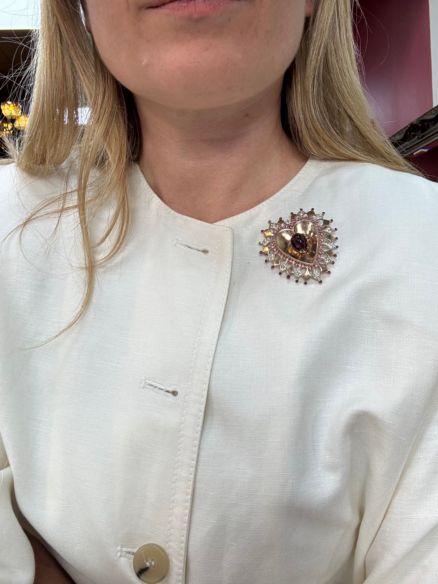 Vintage Sterling Heart Pin with Purple Cabochon 1940s