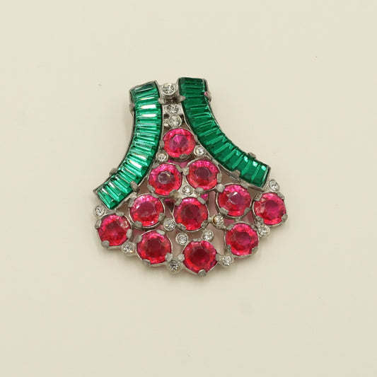 Antique Pink and Green Rhinestones Dress Clip 1930s