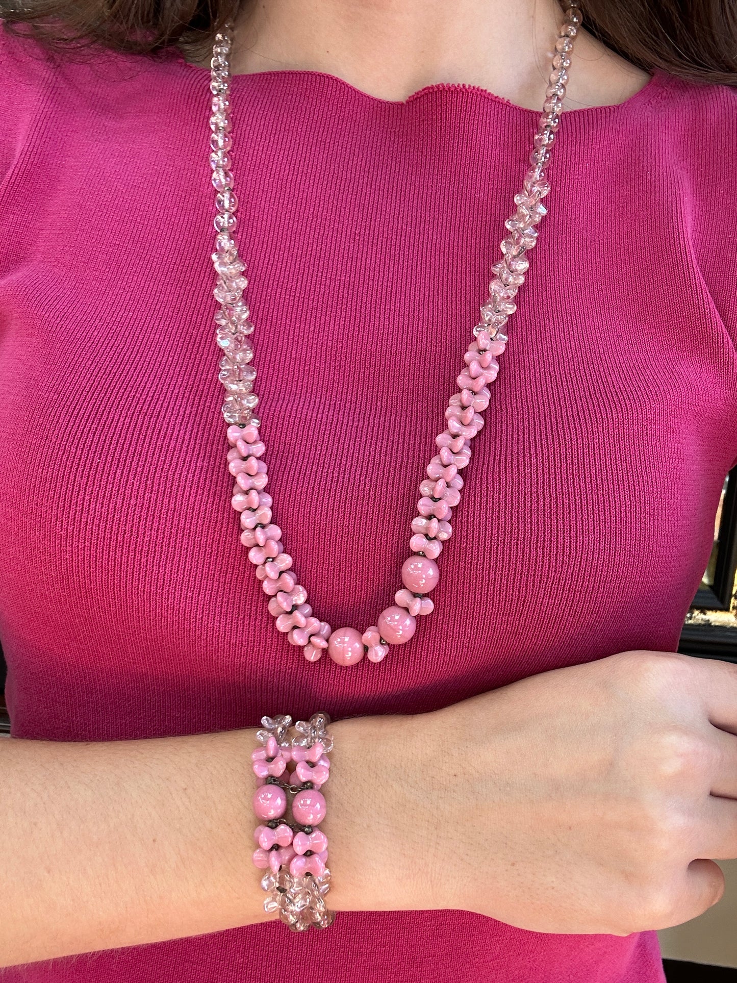 Miriam Haskell Pink Glass Set - Necklace, Bracelet and Earrings 1960s