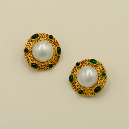 Vintage Chanel Round Pearl Green Gripoix Earrings 1990s