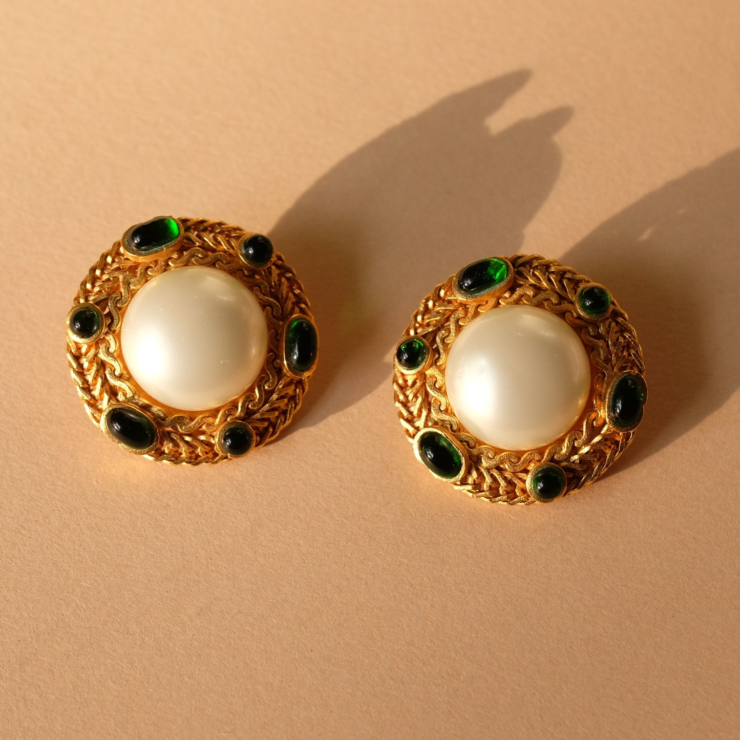Vintage Chanel Round Pearl Green Gripoix Earrings 1990s