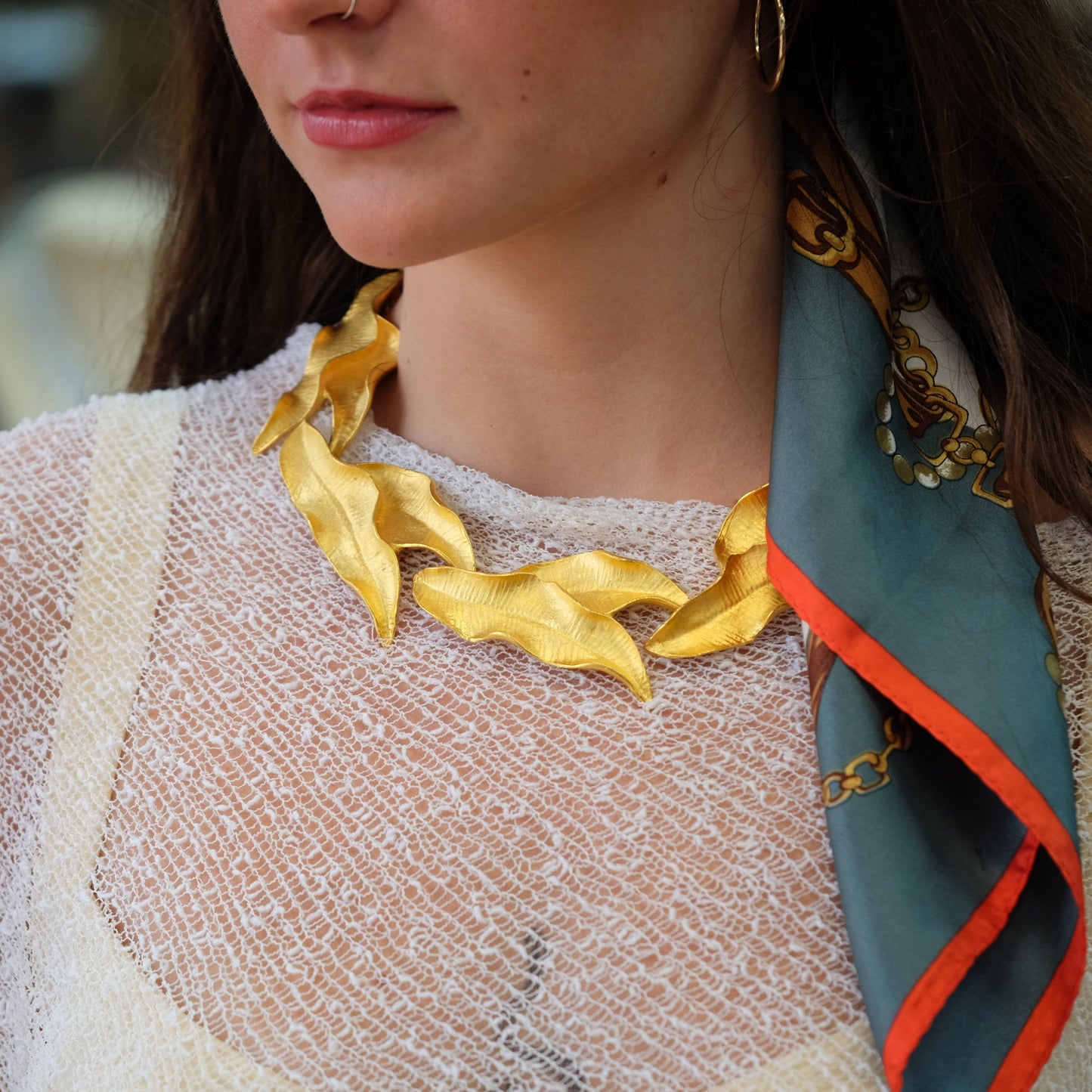Vintage Structural Leaf Gold Tone Necklace 1980s
