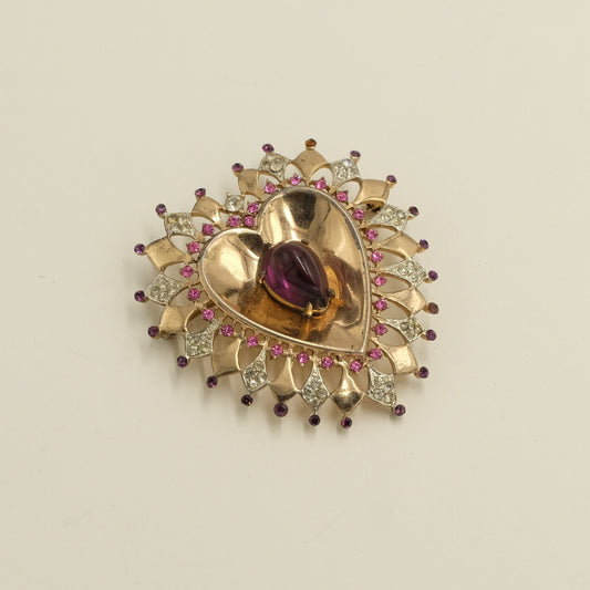 Vintage Sterling Heart Pin with Purple Cabochon 1940s