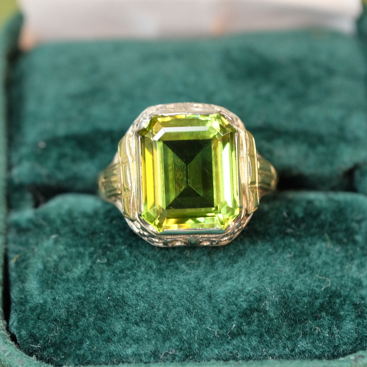 14K Gold Two Tone Peridot Emerald Cut Ring