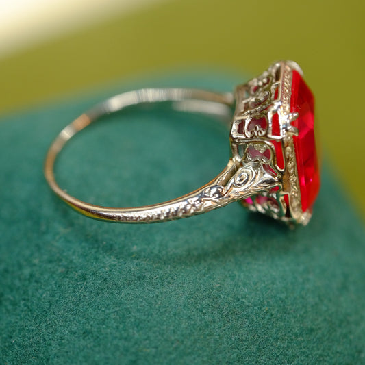 14K White Gold Filigree Art Deco Ruby Ring