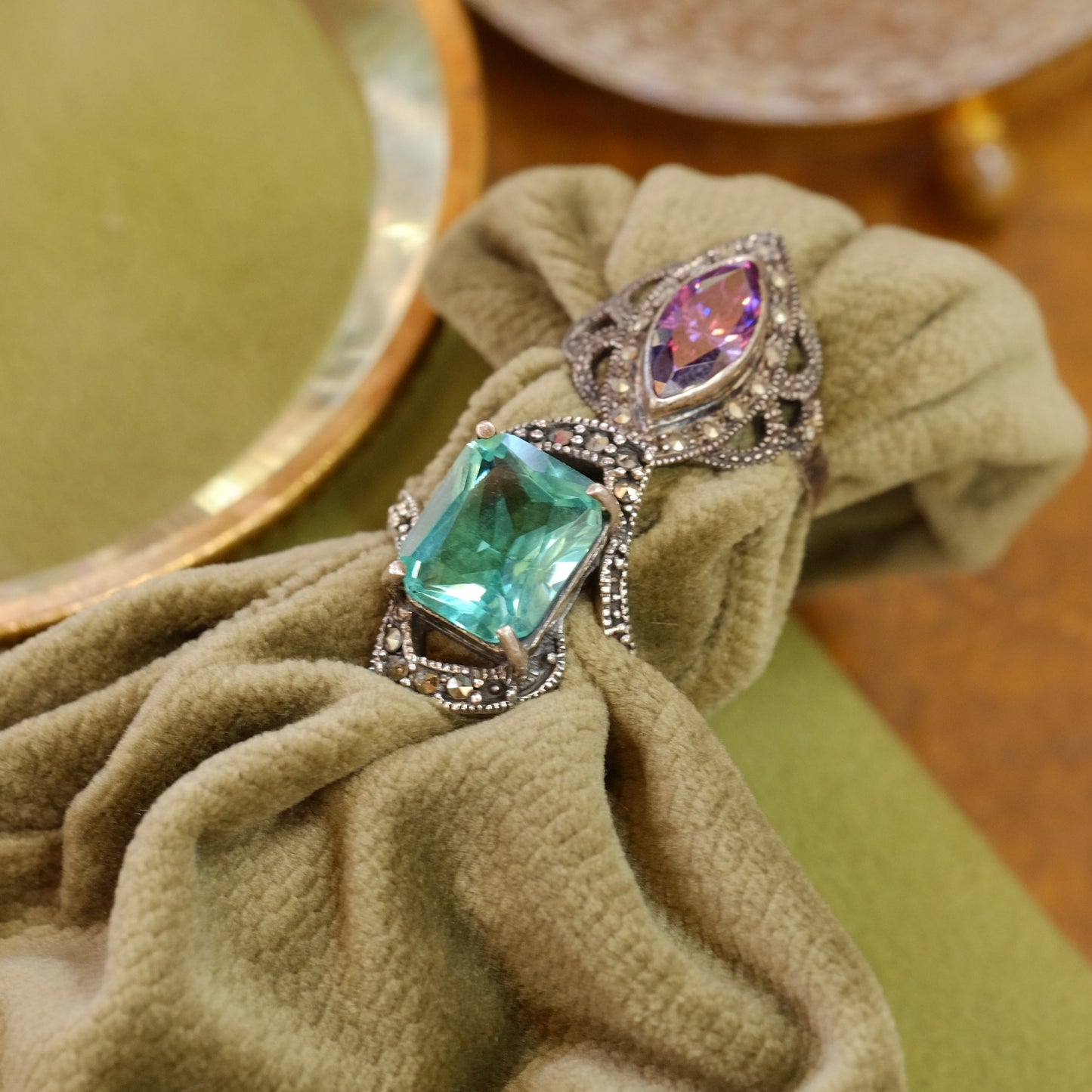 Silver Oblong Purple Glass Ring