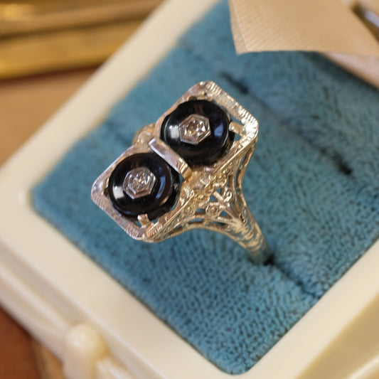 14K Gold Filigree Onyx and Diamond Ring