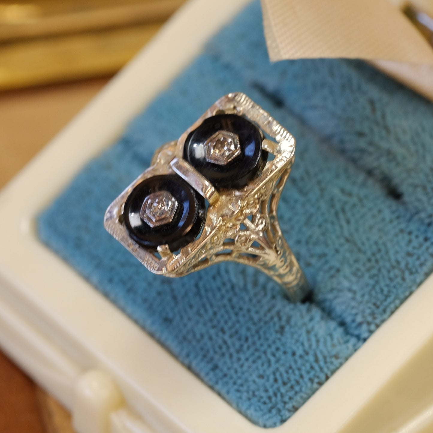 14K Gold Filigree Onyx and Diamond Ring