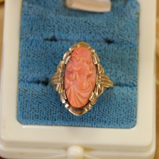 10K Gold with Coral Cameo Ring