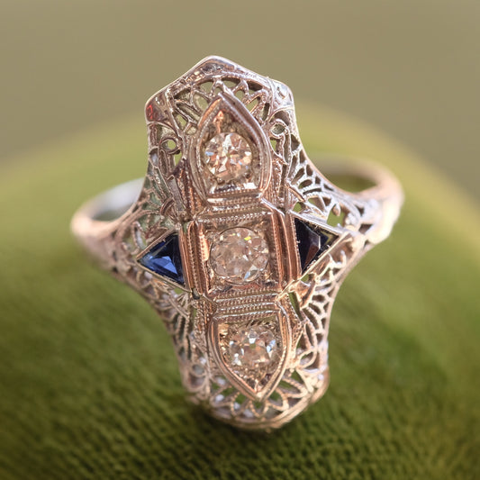 18K White Gold Three Diamond Sapphire Ring