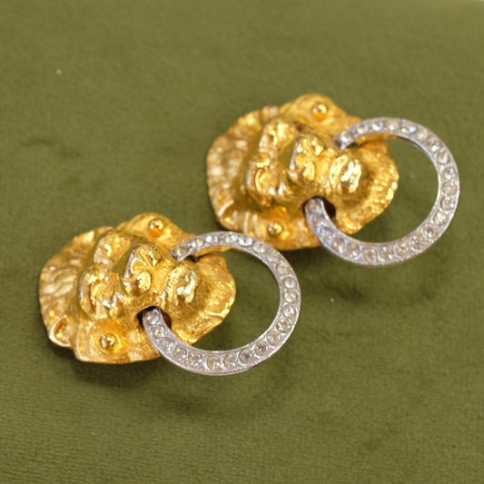 Kenneth Lane Lion with clear Rhinestones Clip on Earrings 1980s