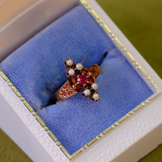 14K Victorian Garnet Seed Pearl Ring