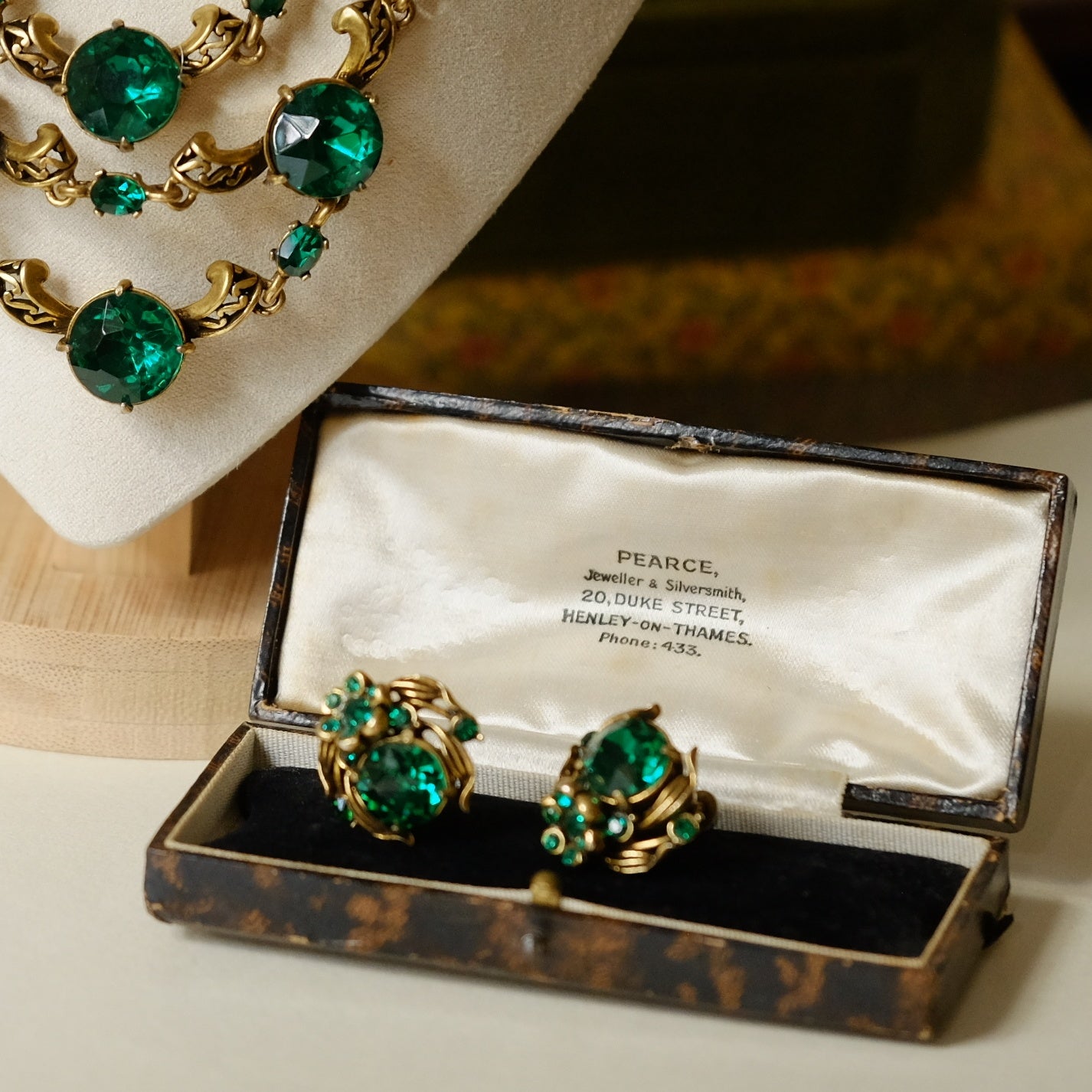 Vintage Hollycraft Faux Emerald Necklace and Earrings Set 1950s